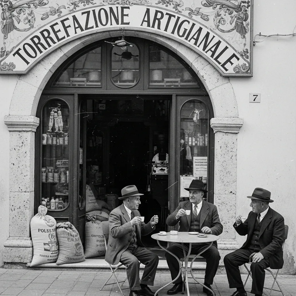 Historische Aufnahme einer Rösterei mit drei Männern an einem Café-Tisch