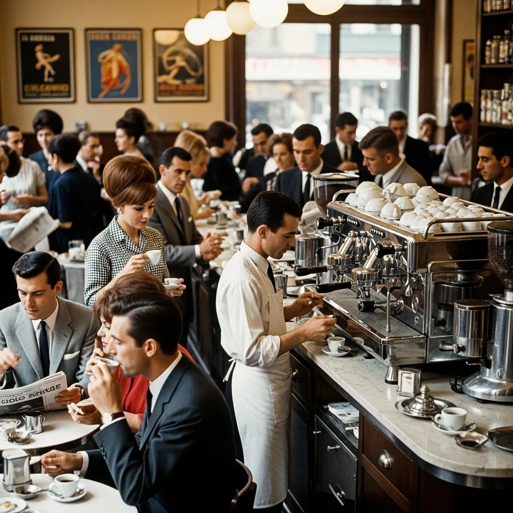 Gäste und Barista in einer belebten Espresso-Bar mit Siebträgermaschine
